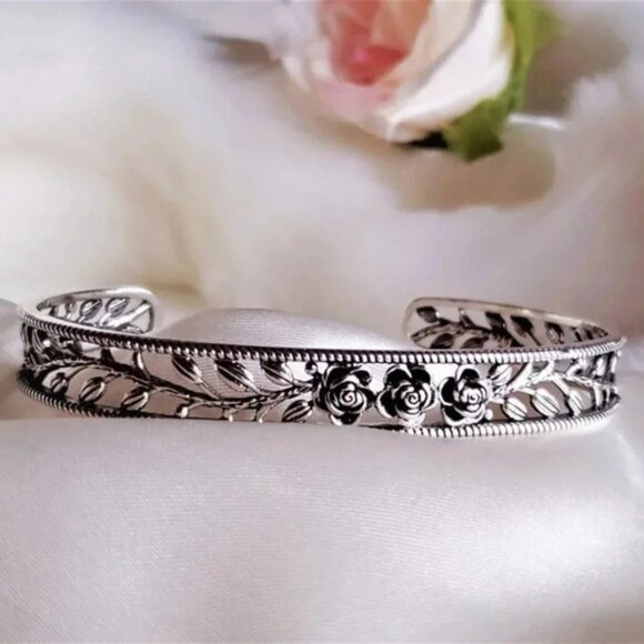 925 Sterling SIlver Rose Bangle Bracelet Rose Flower Engraved Bracelet - Picture 5 of 8
